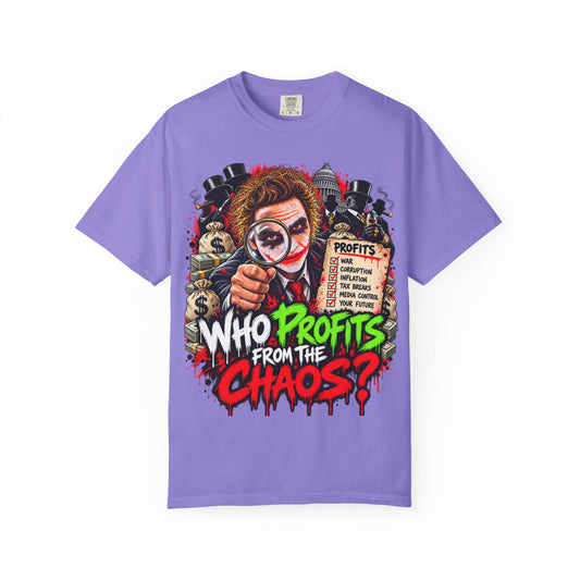 Joker Graphic Tee, Who Profits From The Chaos Shirt, Neon Green Novelty T-Shirt