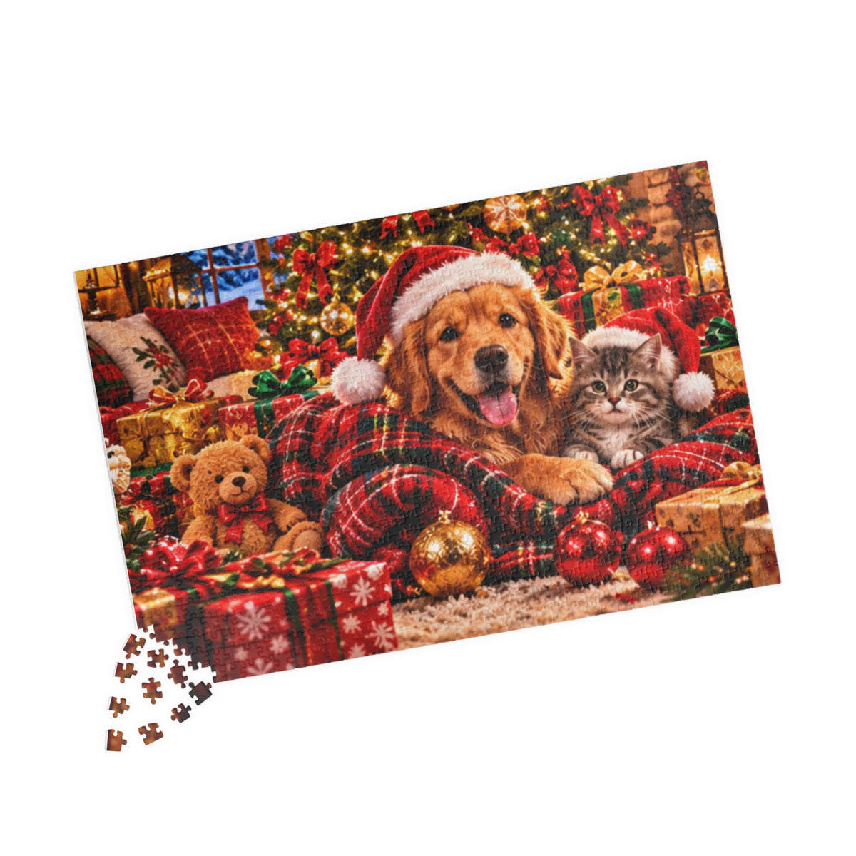 Cozy Christmas Dog and Kitten Jigsaw Puzzle with Santa Hat & Tree