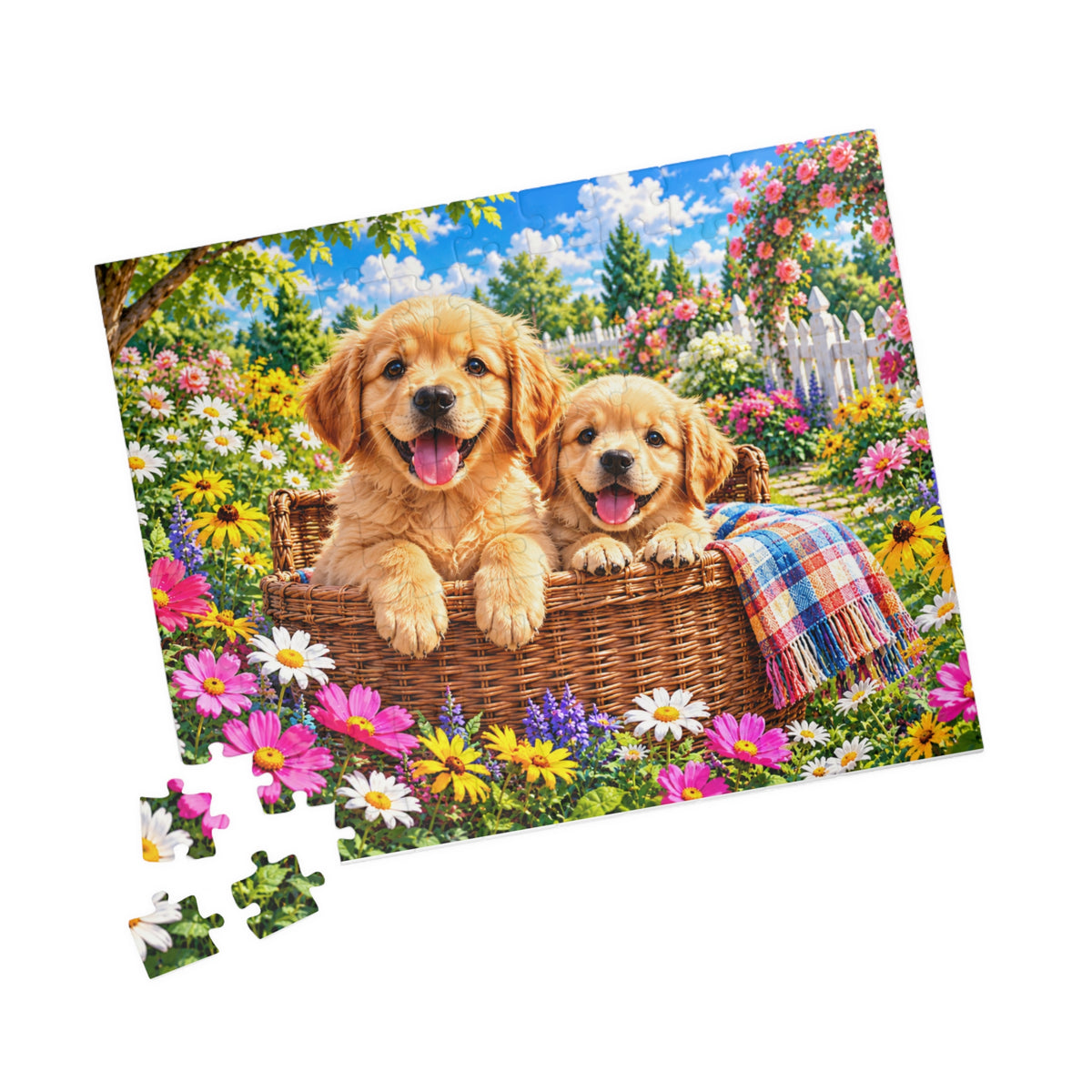 Golden Retriever Puppies in Garden Basket Jigsaw Puzzle (110–1014 Pieces)