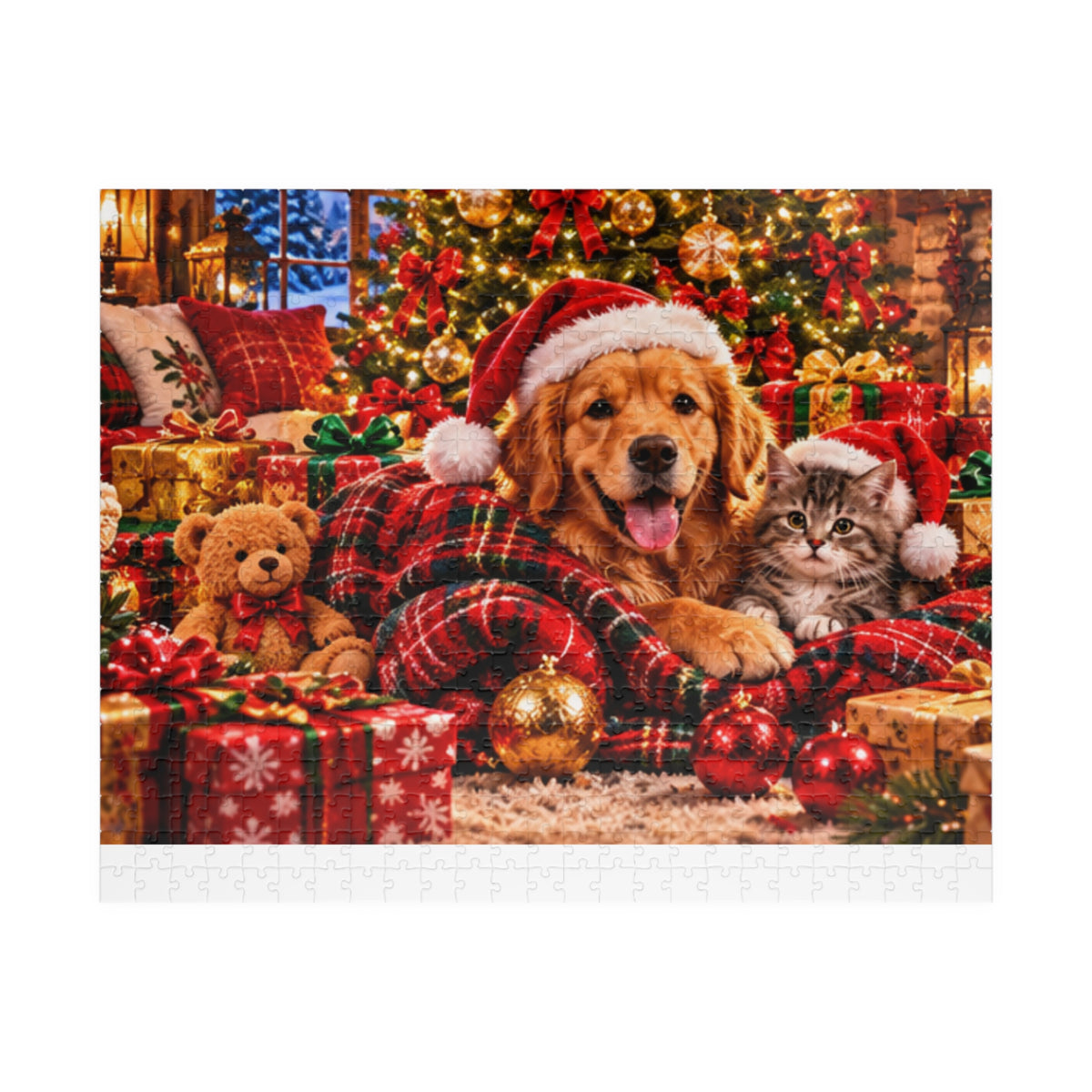 Cozy Christmas Dog and Kitten Jigsaw Puzzle with Santa Hat & Tree