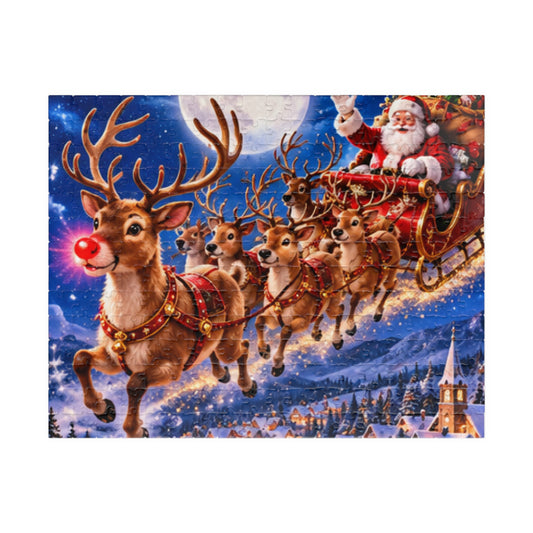Santa & Red-Nosed Reindeer Flying Christmas Eve Jigsaw Puzzle