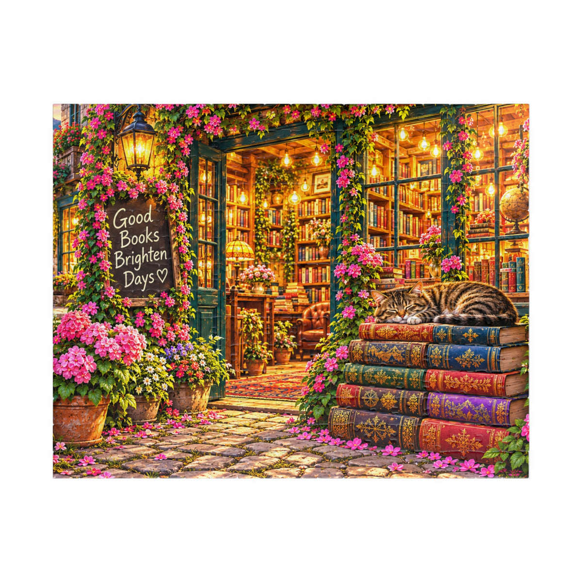 Cozy Bookshop Jigsaw Puzzle for Adults – Cat & Floral Bookstore (110, 252, 520, 1014 Pcs)