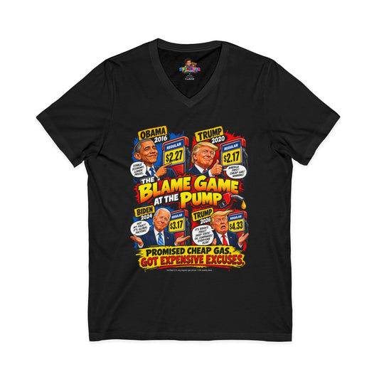 Blame Game At The Pump Gas Prices Shirt - Trump Obama Biden Political V-Neck Tee