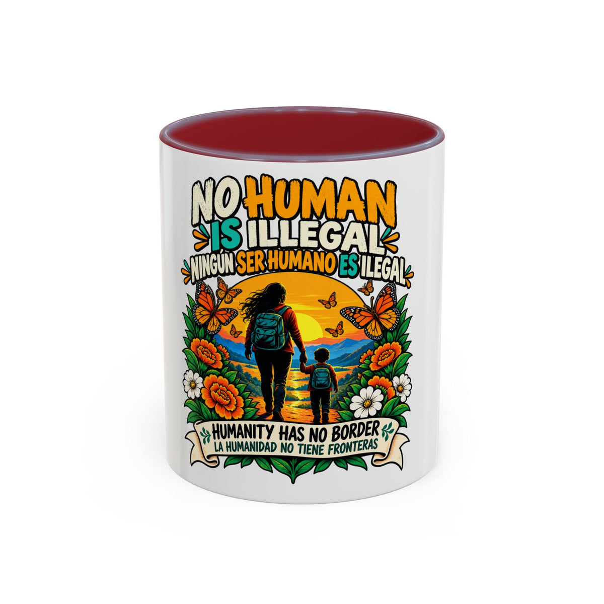 No Human Is Illegal Accent Mug — Immigrant Rights Coffee Cup