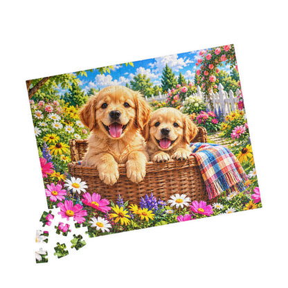 Golden Retriever Puppies in Garden Basket Jigsaw Puzzle (110–1014 Pieces)