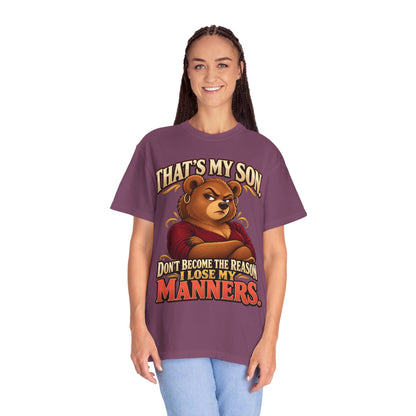 "That's My Son Don't Make Me Lose My Manners Mama Bear Shirt Funny Protective Mom Tee"