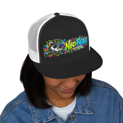 "NikoBear Apparel Colorful Graffiti Bear 5 Panel Trucker Cap | Urban Streetwear Hat Snapback