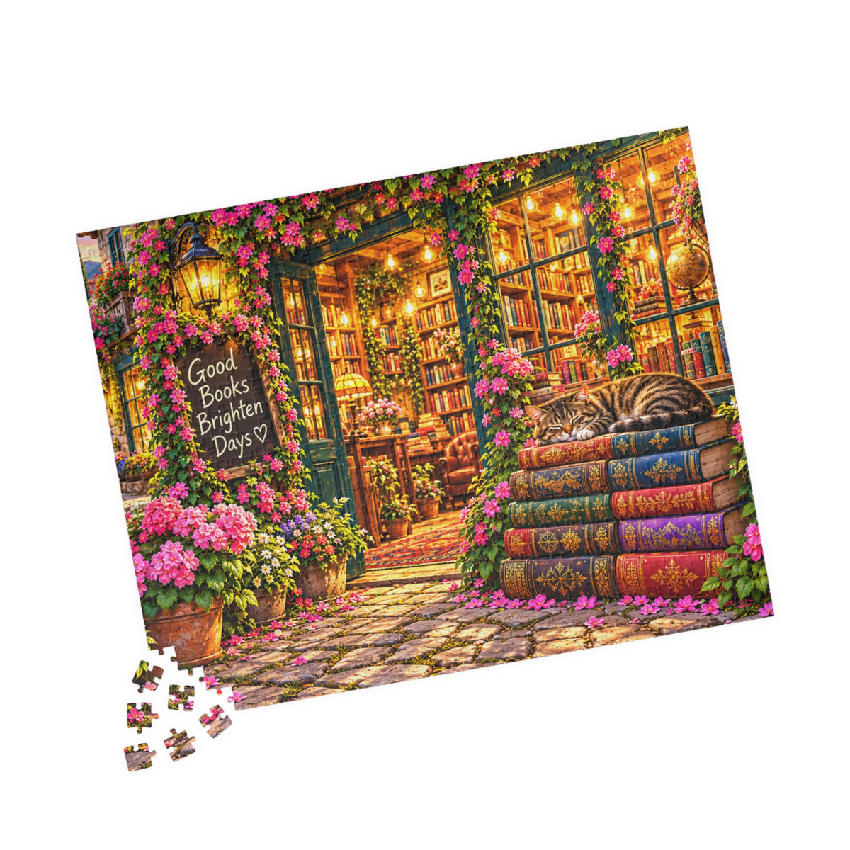 Cozy Bookshop Jigsaw Puzzle for Adults – Cat & Floral Bookstore (110, 252, 520, 1014 Pcs)