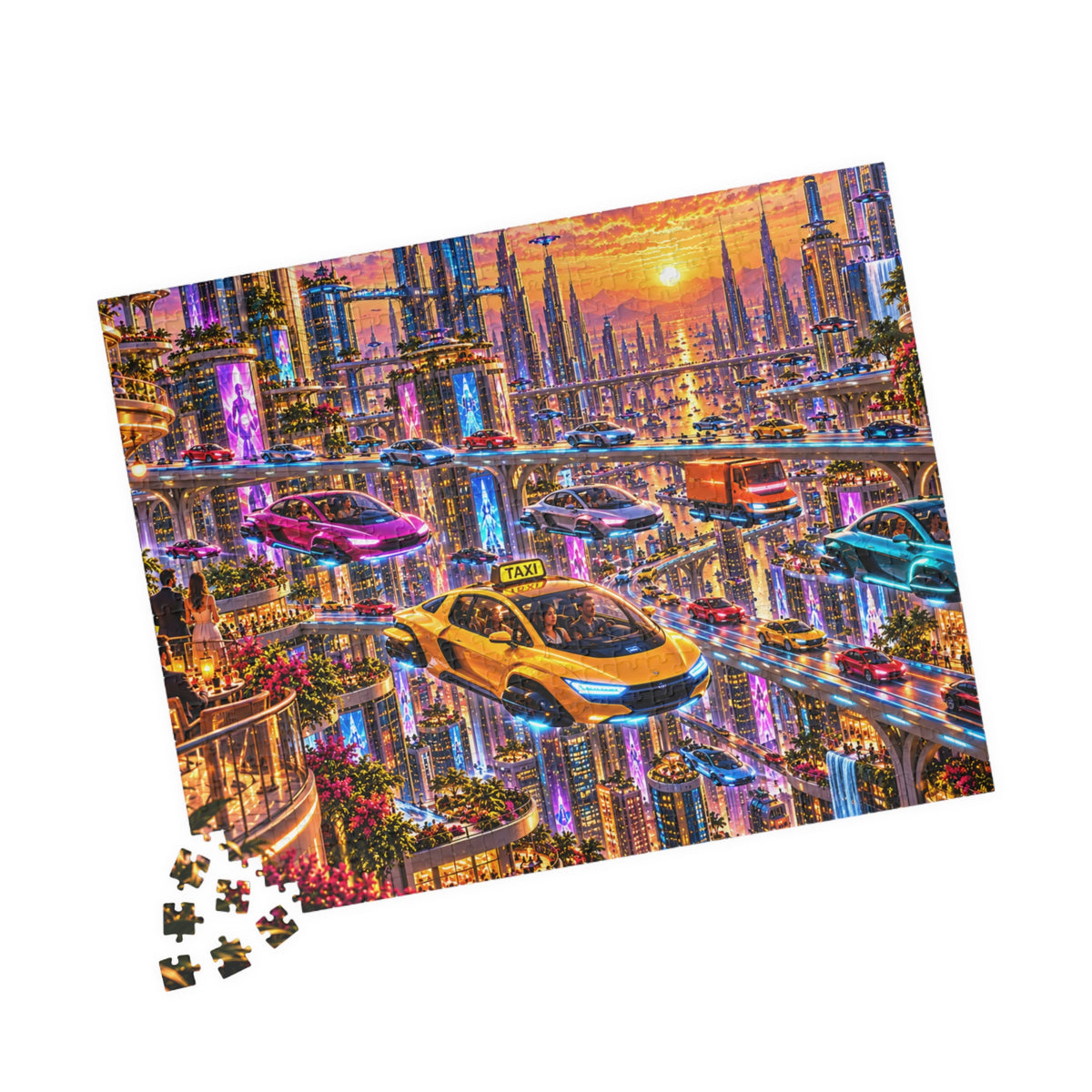 Futuristic City Jigsaw Puzzle - Cyberpunk Flying Cars Sunset - 110, 252, 520, 1014 Pcs