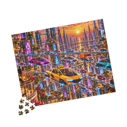 Futuristic City Jigsaw Puzzle - Cyberpunk Flying Cars Sunset - 110, 252, 520, 1014 Pcs