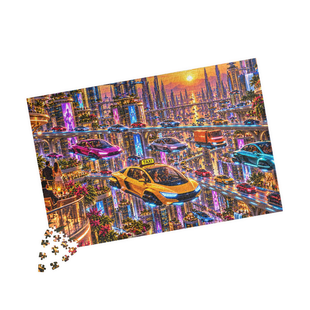 Futuristic City Jigsaw Puzzle - Cyberpunk Flying Cars Sunset - 110, 252, 520, 1014 Pcs