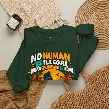 No Human Is Illegal Sweatshirt — Bilingual Immigrant Rights