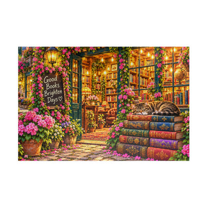 Cozy Bookshop Jigsaw Puzzle for Adults – Cat & Floral Bookstore (110, 252, 520, 1014 Pcs)