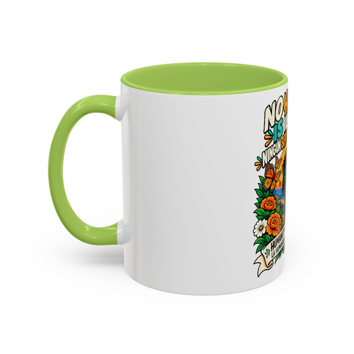 No Human Is Illegal Accent Mug — Immigrant Rights Coffee Cup