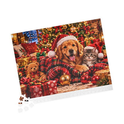 Cozy Christmas Dog and Kitten Jigsaw Puzzle with Santa Hat & Tree