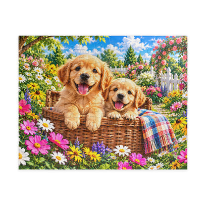 Golden Retriever Puppies in Garden Basket Jigsaw Puzzle (110–1014 Pieces)