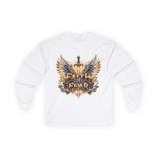 Faith Over Fear Graphic Long Sleeve Shirt - Wings & Sword Christian Tee, Unisex Cotton