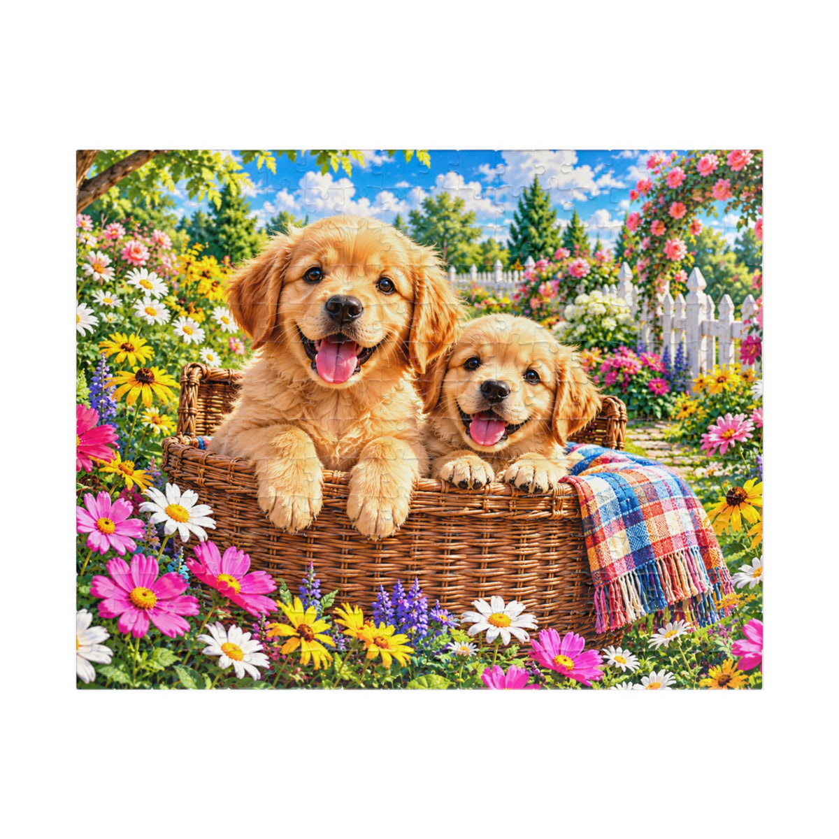 Golden Retriever Puppies in Garden Basket Jigsaw Puzzle (110–1014 Pieces)