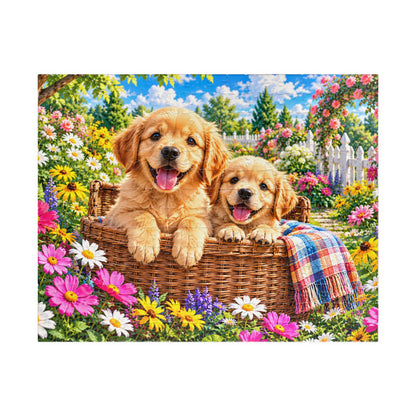 Golden Retriever Puppies in Garden Basket Jigsaw Puzzle (110–1014 Pieces)