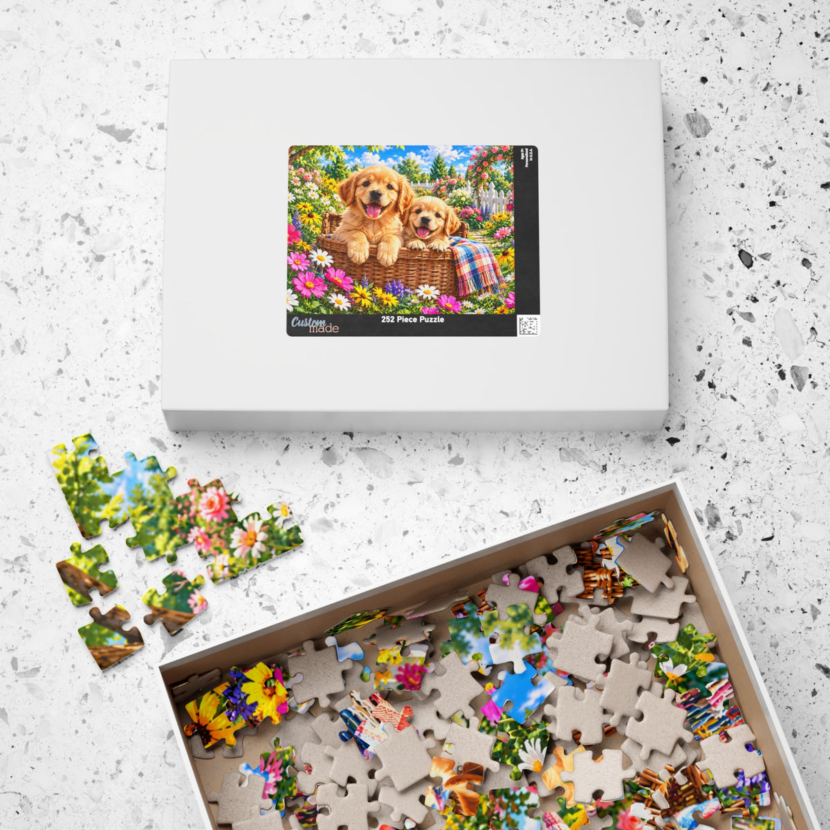 Golden Retriever Puppies in Garden Basket Jigsaw Puzzle (110–1014 Pieces)