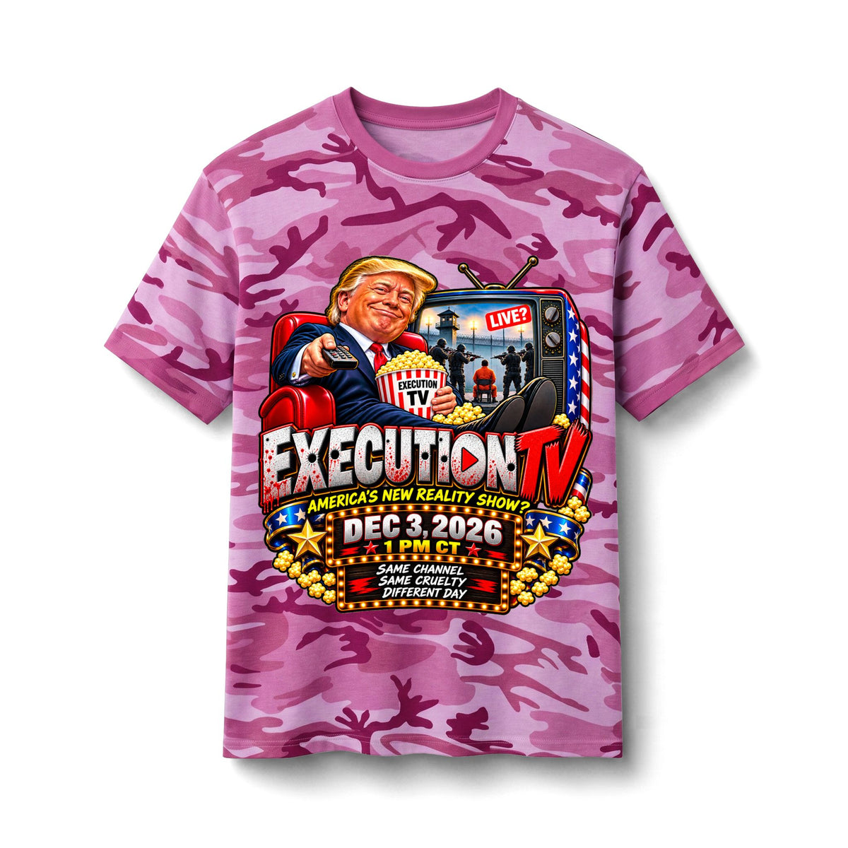 Trump Execution TV T-Shirt — Pink Camo Political Graphic Tee