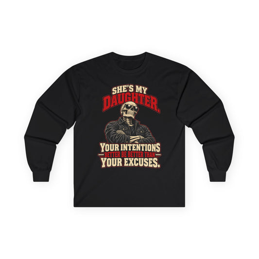 She's My Daughter Skull Graphic Long Sleeve T-Shirt - Protective Dad Shirt
