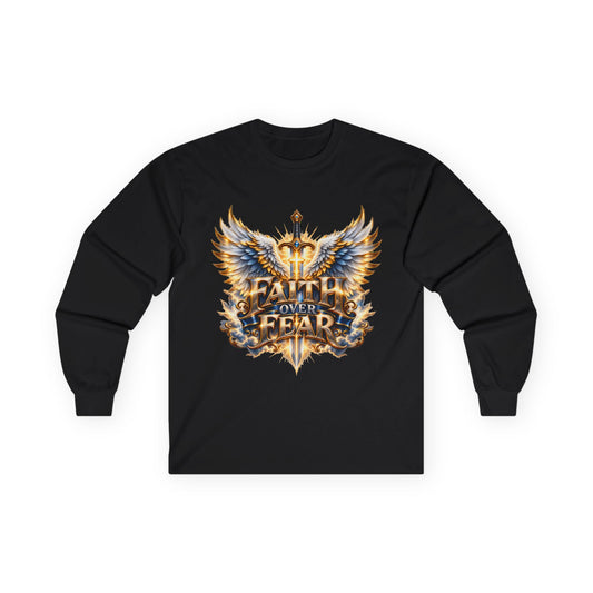 Faith Over Fear Graphic Long Sleeve Shirt - Wings & Sword Christian Tee, Unisex Cotton