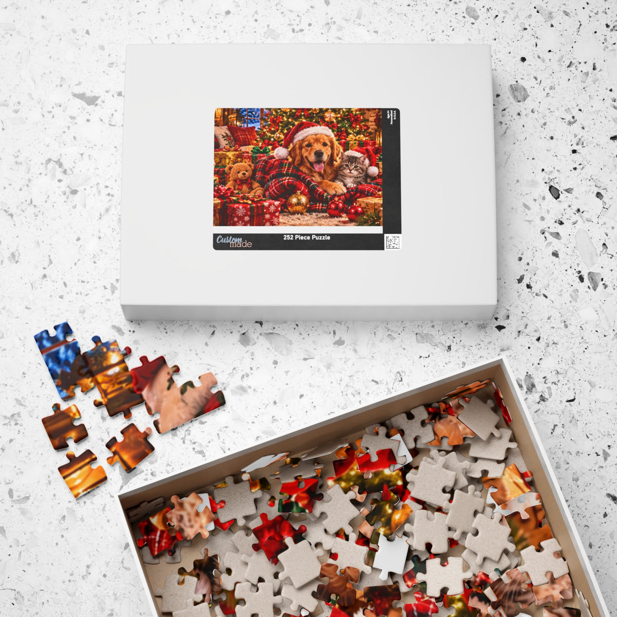 Cozy Christmas Dog and Kitten Jigsaw Puzzle with Santa Hat & Tree