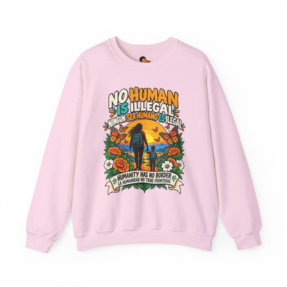 No Human Is Illegal Sweatshirt — Bilingual Immigrant Rights