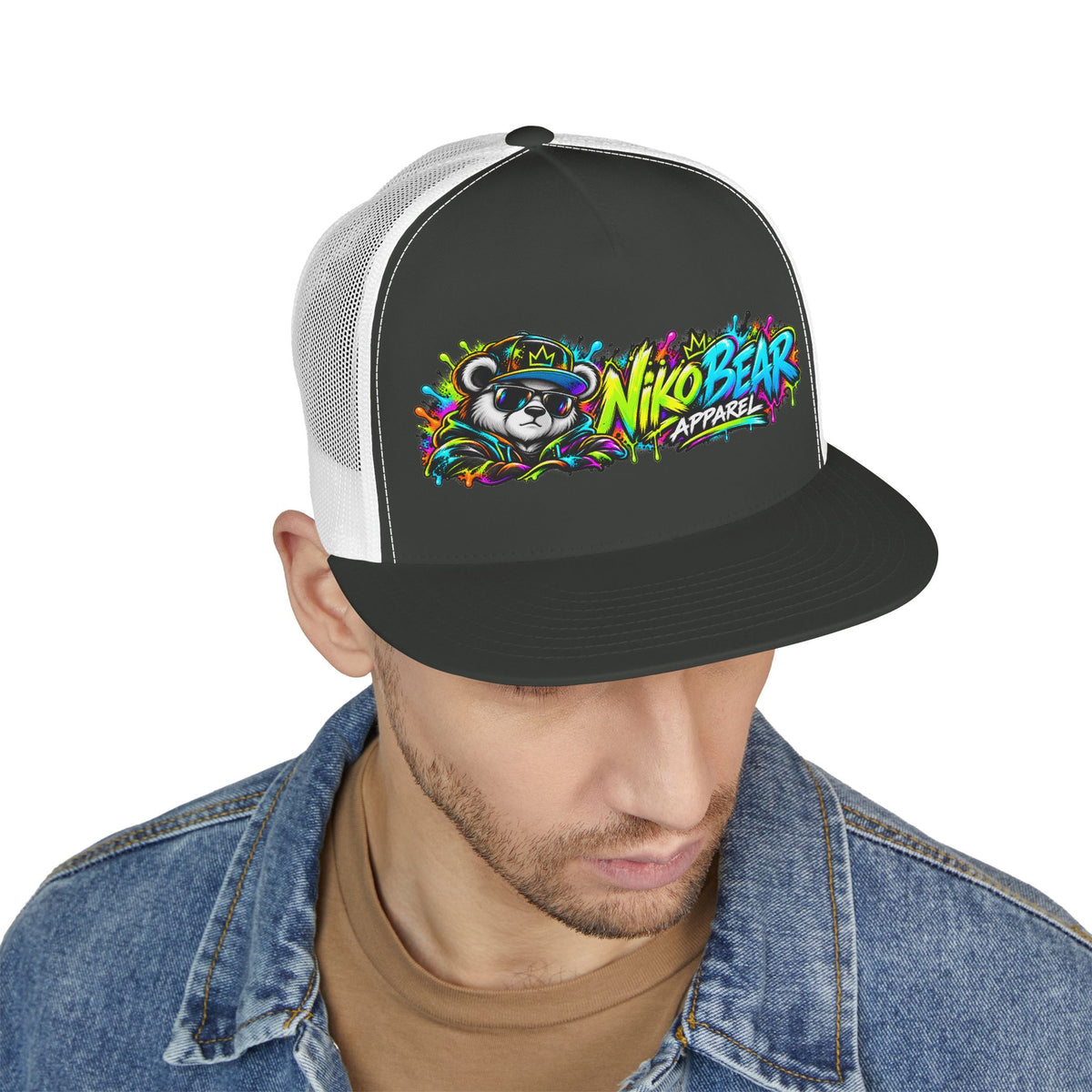 "NikoBear Apparel Colorful Graffiti Bear 5 Panel Trucker Cap | Urban Streetwear Hat Snapback