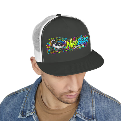 "NikoBear Apparel Colorful Graffiti Bear 5 Panel Trucker Cap | Urban Streetwear Hat Snapback