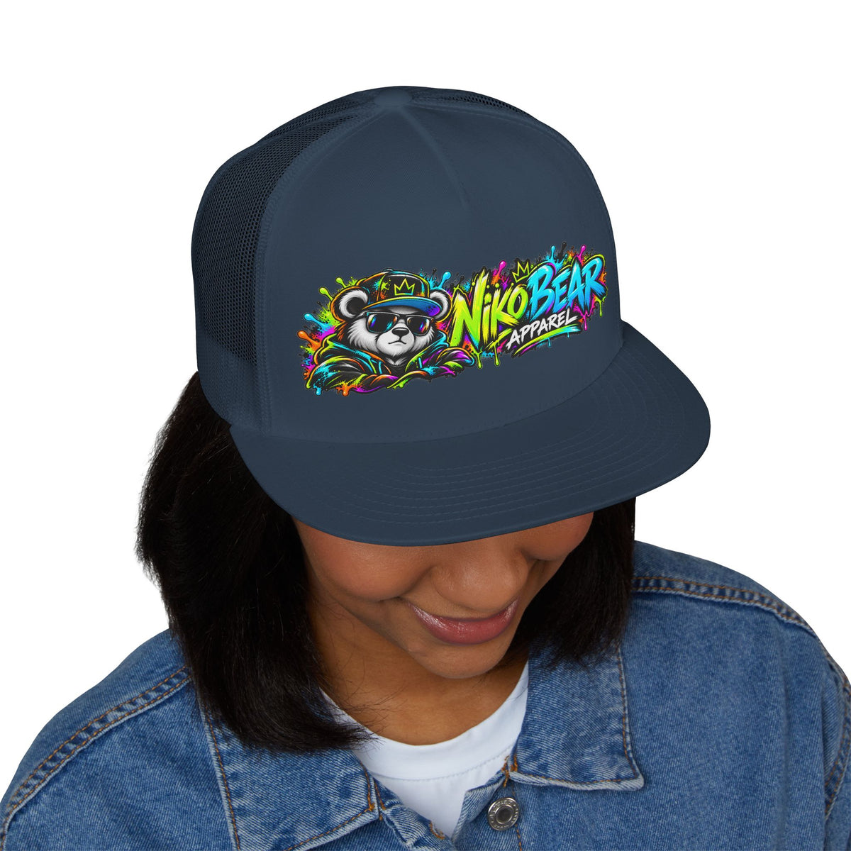 "NikoBear Apparel Colorful Graffiti Bear 5 Panel Trucker Cap | Urban Streetwear Hat Snapback