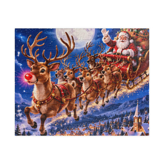 Santa & Red-Nosed Reindeer Flying Christmas Eve Jigsaw Puzzle