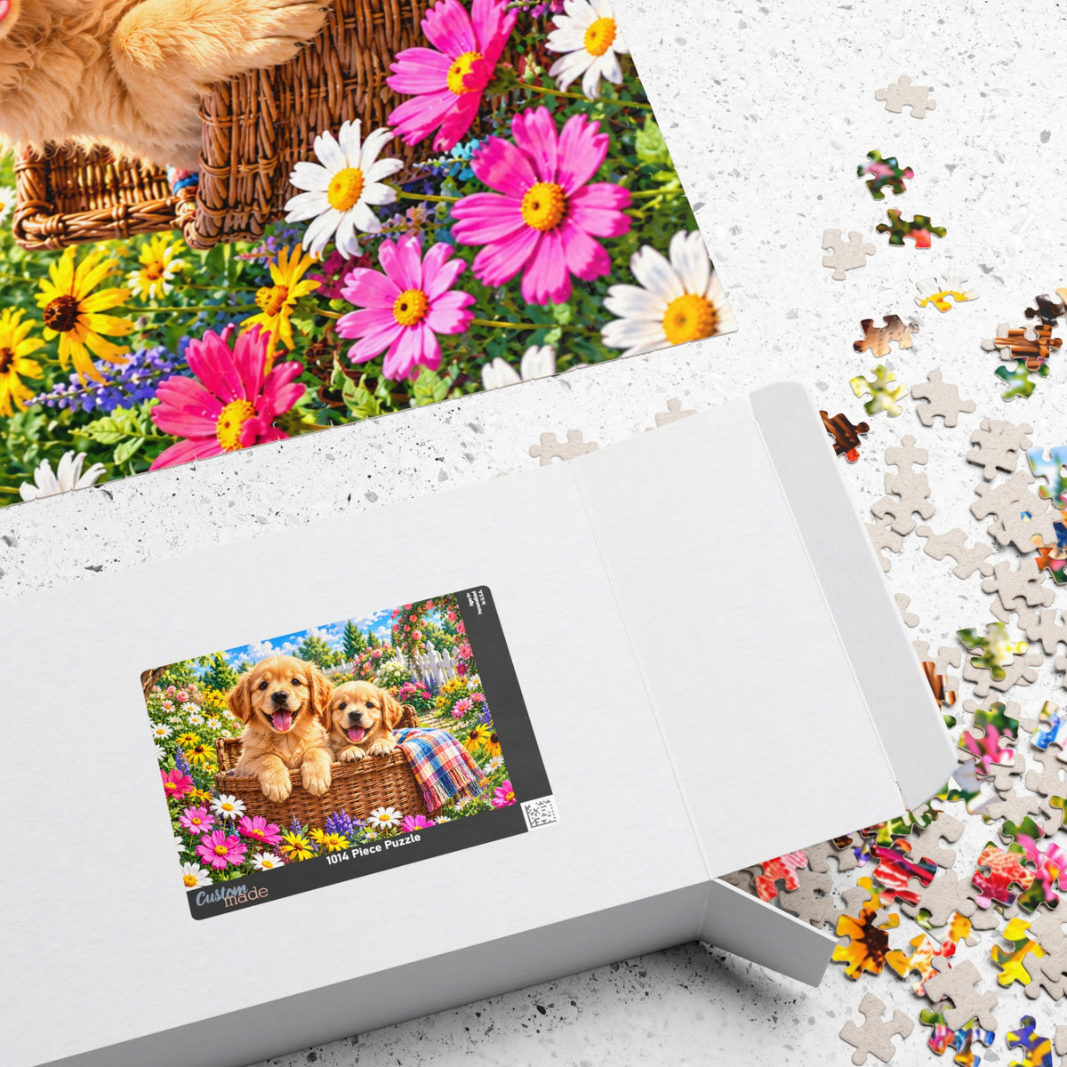 Golden Retriever Puppies in Garden Basket Jigsaw Puzzle (110–1014 Pieces)