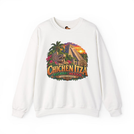 Ancient Wonders Chichen Itza Graphic Crewneck - Unisex Red Mexico Souvenir Sweatshirt
