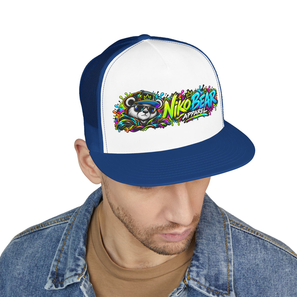 "NikoBear Apparel Colorful Graffiti Bear 5 Panel Trucker Cap | Urban Streetwear Hat Snapback