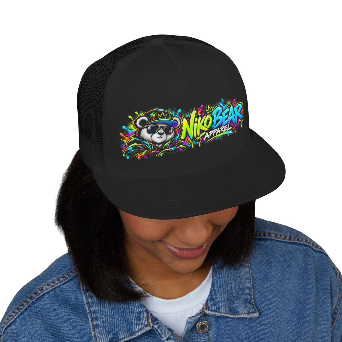 "NikoBear Apparel Colorful Graffiti Bear 5 Panel Trucker Cap | Urban Streetwear Hat Snapback