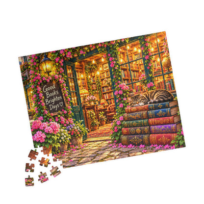Cozy Bookshop Jigsaw Puzzle for Adults – Cat & Floral Bookstore (110, 252, 520, 1014 Pcs)