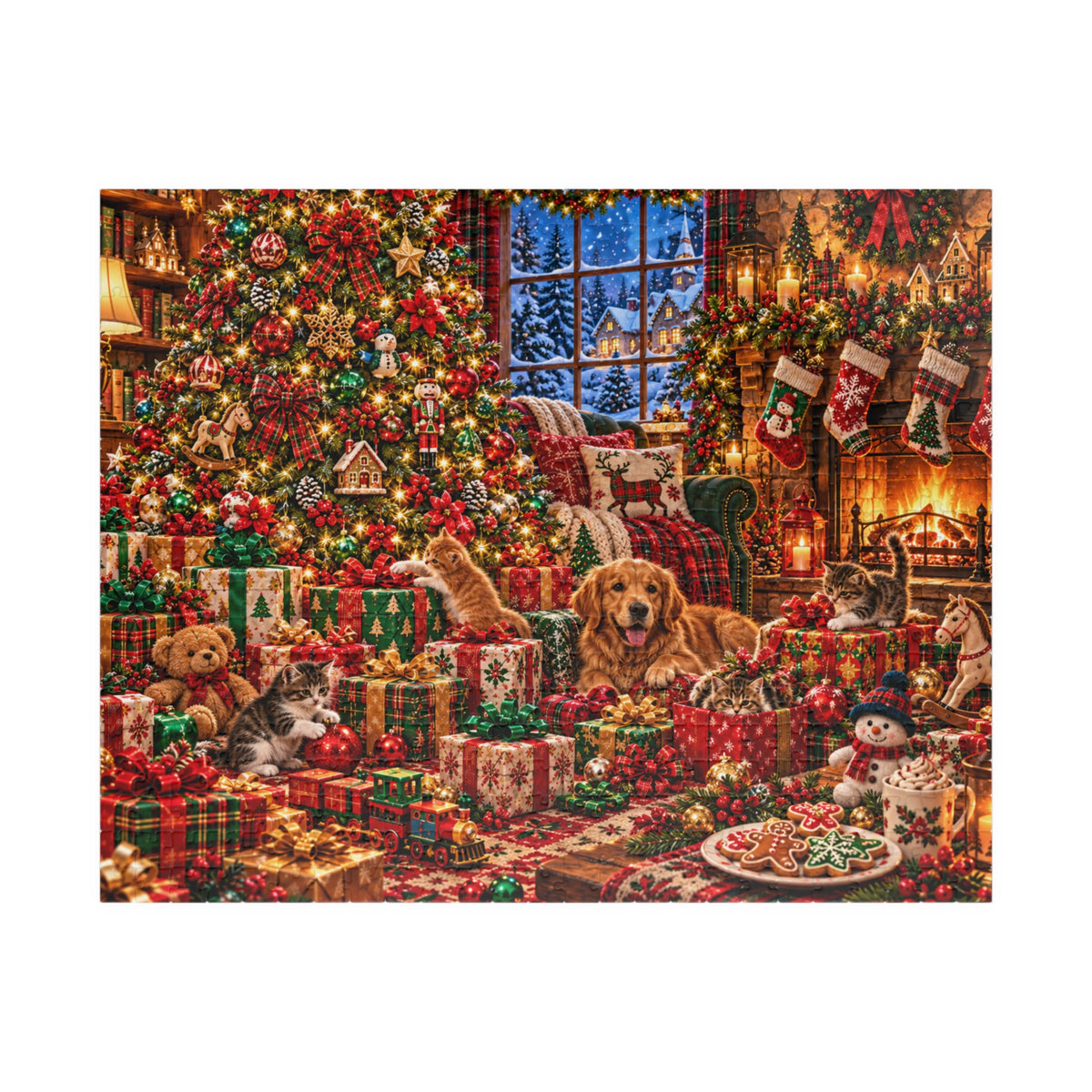 Cozy Christmas Pets Jigsaw Puzzle - Dog & Kittens Holiday Gift