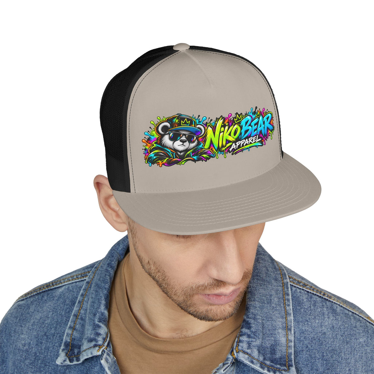 "NikoBear Apparel Colorful Graffiti Bear 5 Panel Trucker Cap | Urban Streetwear Hat Snapback