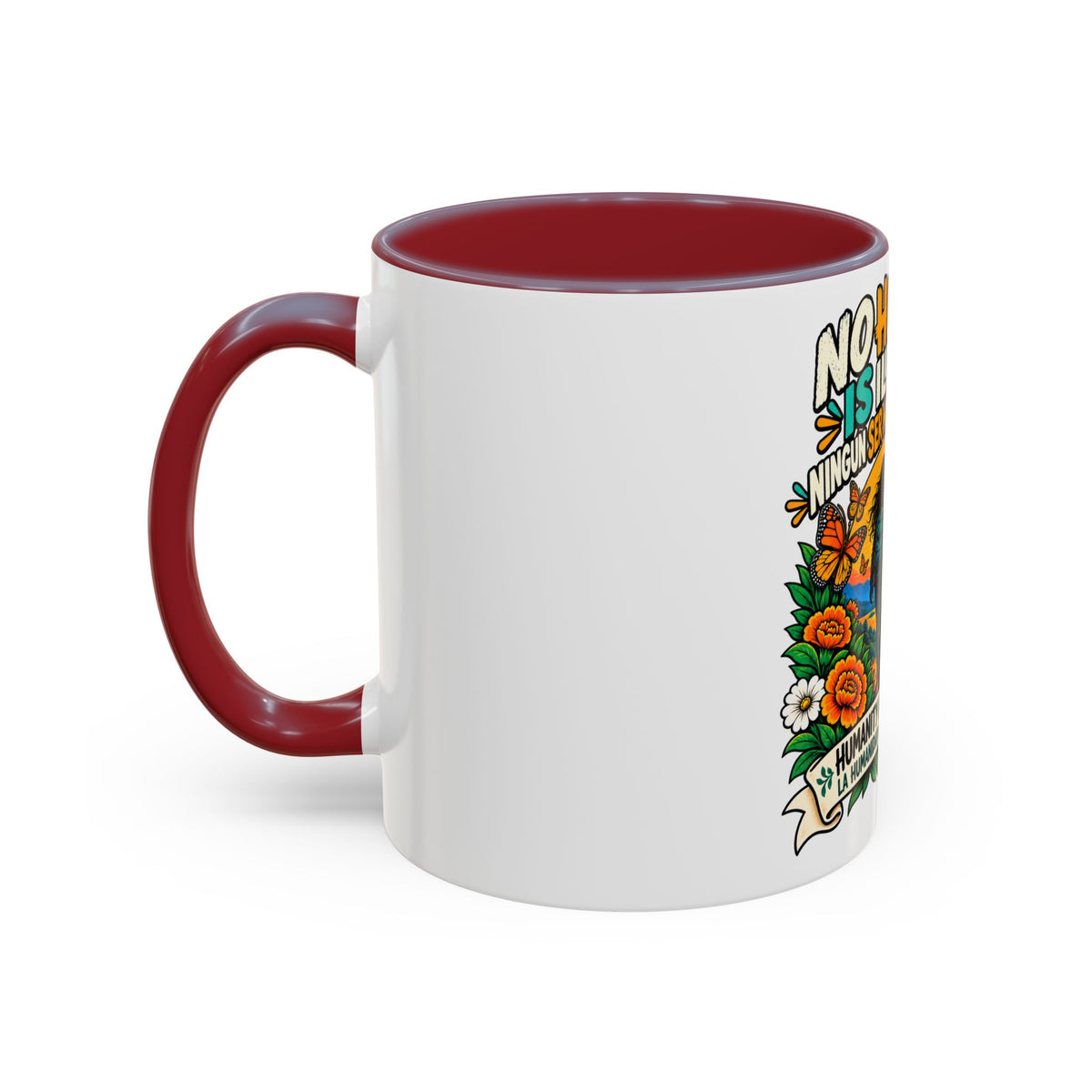 No Human Is Illegal Accent Mug — Immigrant Rights Coffee Cup