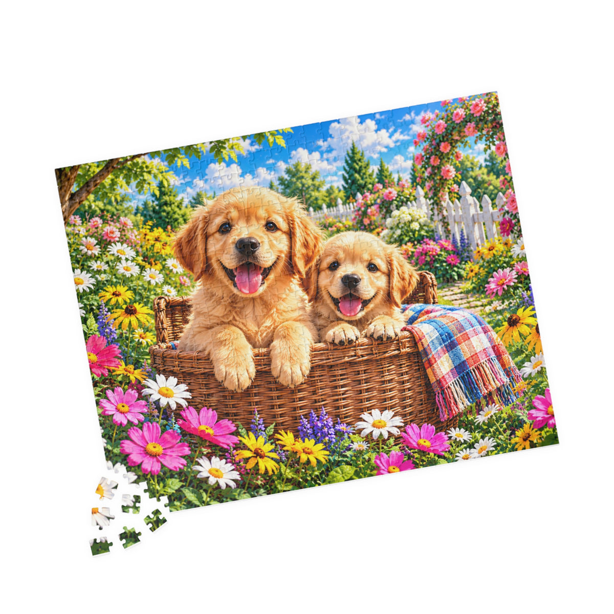 Golden Retriever Puppies in Garden Basket Jigsaw Puzzle (110–1014 Pieces)