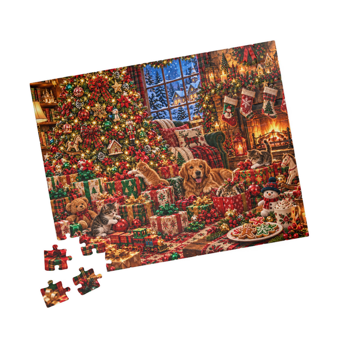Cozy Christmas Pets Jigsaw Puzzle - Dog & Kittens Holiday Gift