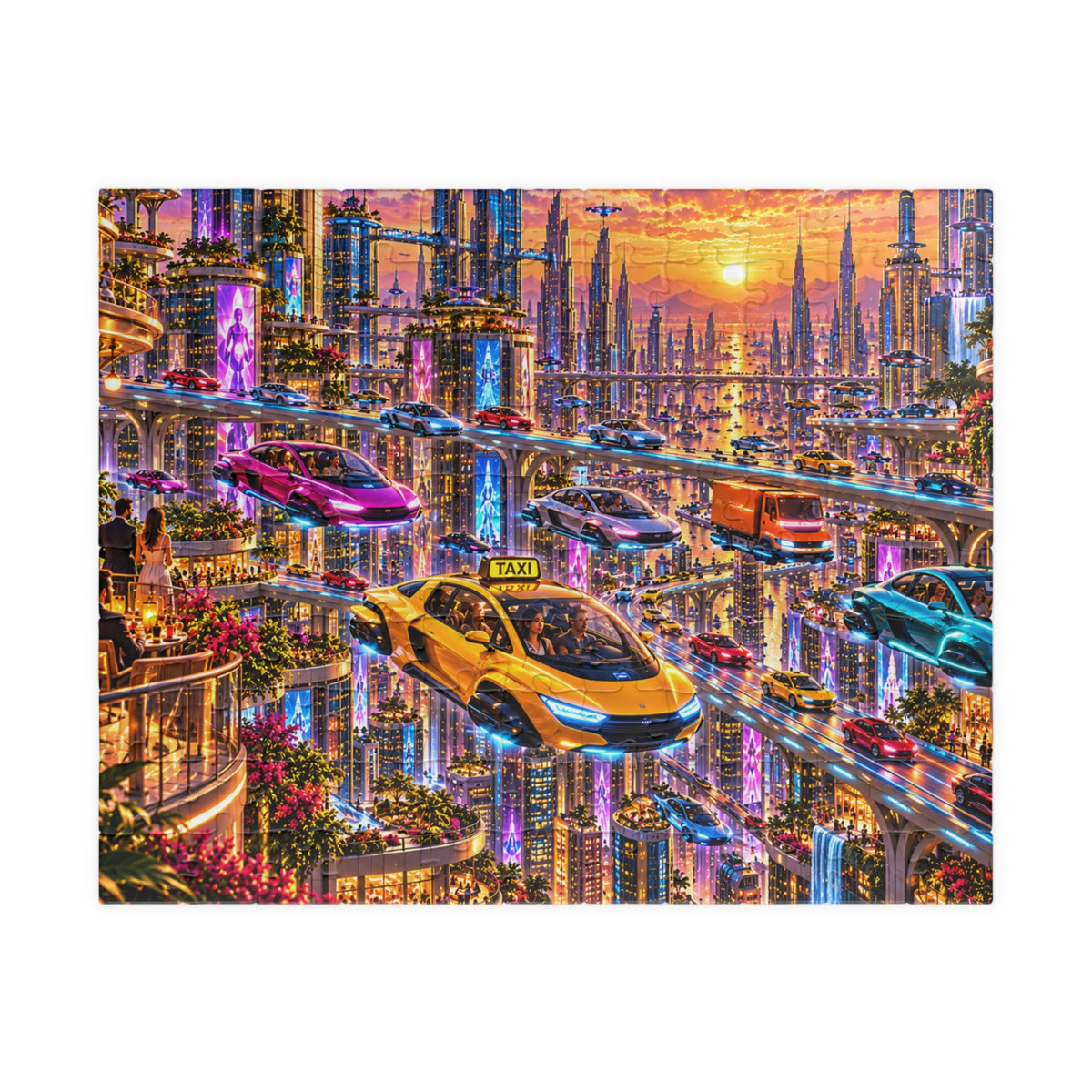 Futuristic City Jigsaw Puzzle - Cyberpunk Flying Cars Sunset - 110, 252, 520, 1014 Pcs