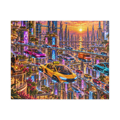 Futuristic City Jigsaw Puzzle - Cyberpunk Flying Cars Sunset - 110, 252, 520, 1014 Pcs