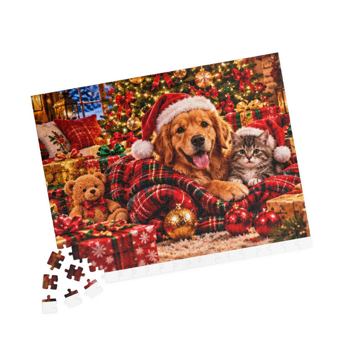 Cozy Christmas Dog and Kitten Jigsaw Puzzle with Santa Hat & Tree