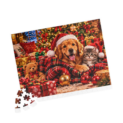 Cozy Christmas Dog and Kitten Jigsaw Puzzle with Santa Hat & Tree