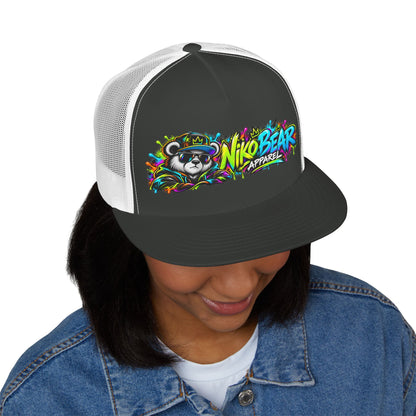 "NikoBear Apparel Colorful Graffiti Bear 5 Panel Trucker Cap | Urban Streetwear Hat Snapback
