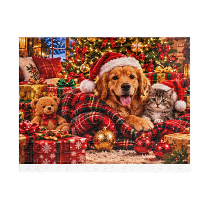 Cozy Christmas Dog and Kitten Jigsaw Puzzle with Santa Hat & Tree