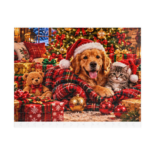 Cozy Christmas Dog and Kitten Jigsaw Puzzle with Santa Hat & Tree